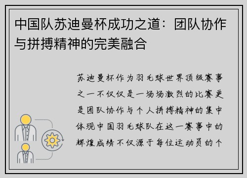 中国队苏迪曼杯成功之道：团队协作与拼搏精神的完美融合